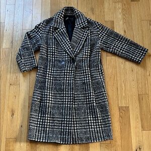 Zara Women Black White Tweed Houndstooth double breasted Trench Coat